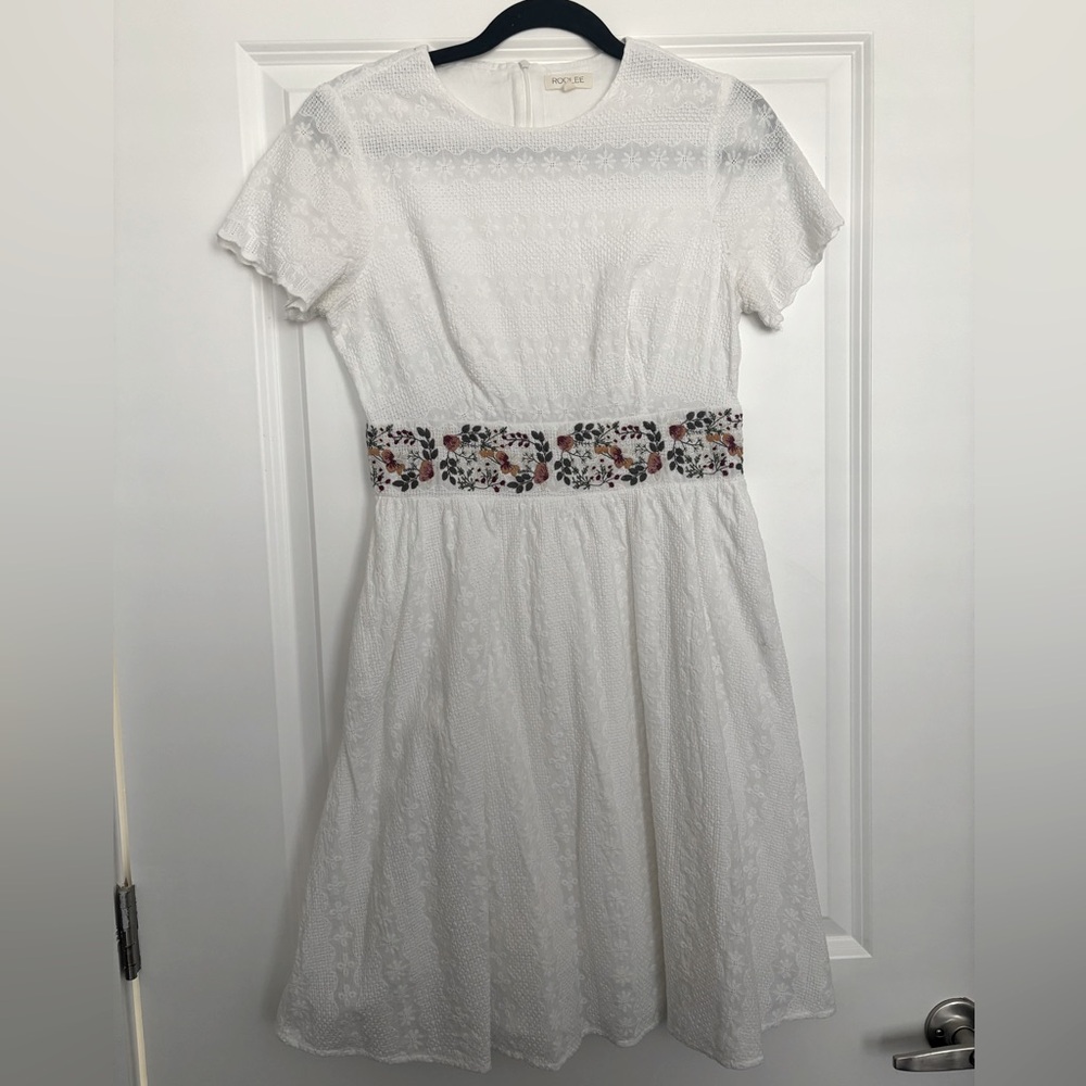Roolee White Cottagecore Dress Floral Embroidered Waistband